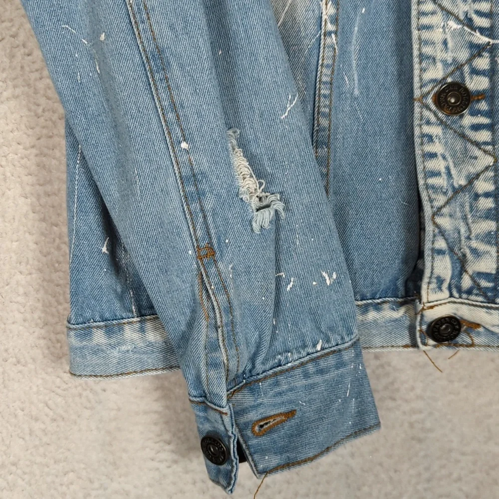 Rolling Paper Women's Blue Distressed Paint Flecked Denim Jacket Size‎ M - Picture 2 of 8